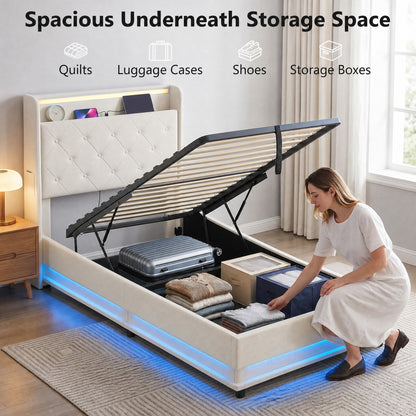 HOMCOM 3ft Single Bed Frame with Headboard, Platform Bed Frame with Hydraulic Storage, LED Lights and Charging Station, White