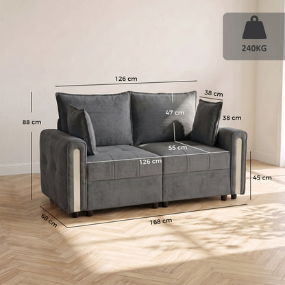 HOMCOM 2 Seater Sofa with Lift-Up Storage, 168 cm Comfy Velvet Small Couch with Wide Deep Seat, Plush Backrest, Thick Padding, 2 Pillows, Loveseat for Living Room, Home Office, Dark Grey