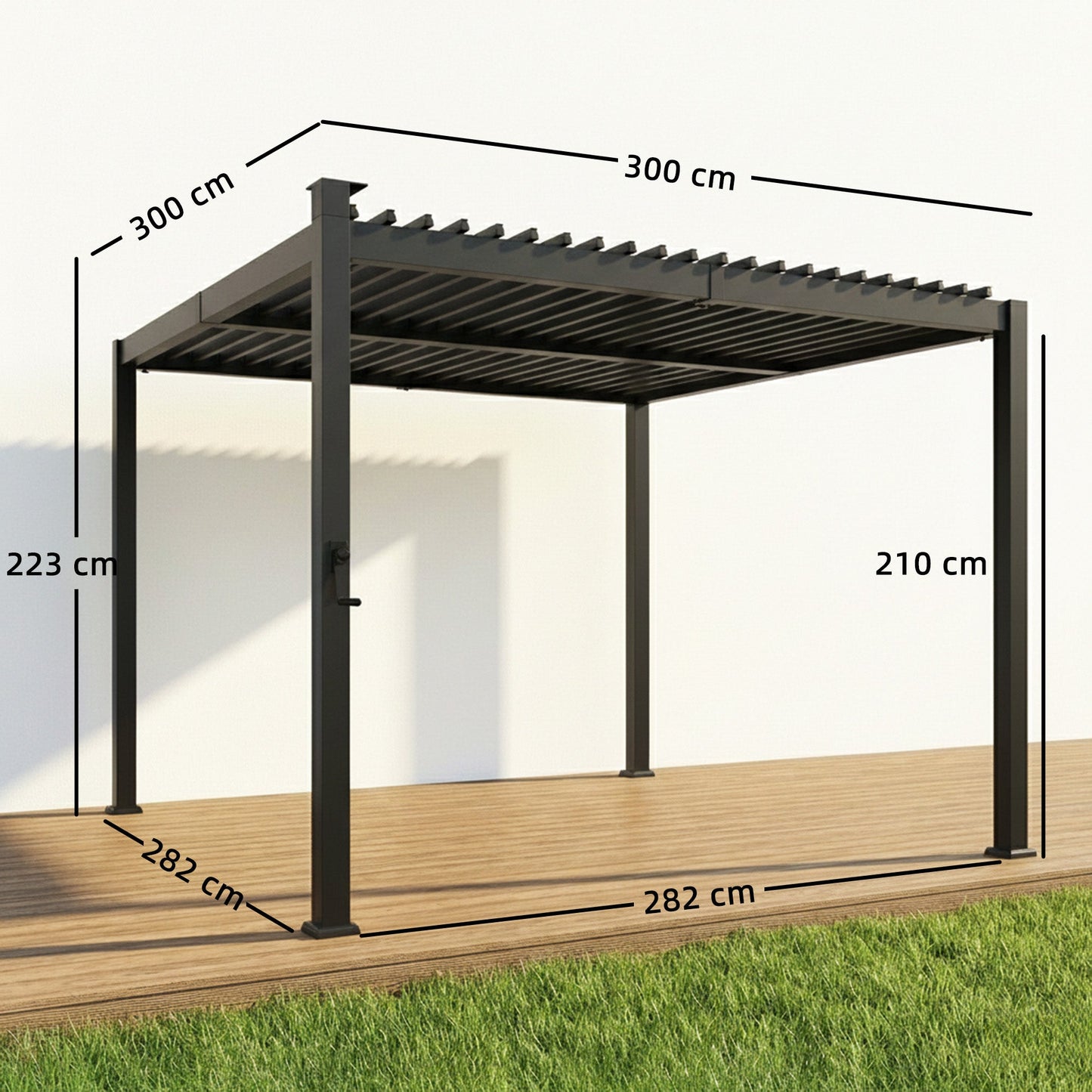 Outsunny 3 x 3 m Louvered Pergola with Solar LED lights, Metal Roof, Patio Gazebo Pergola Canopy with Drainage Gutters, Black