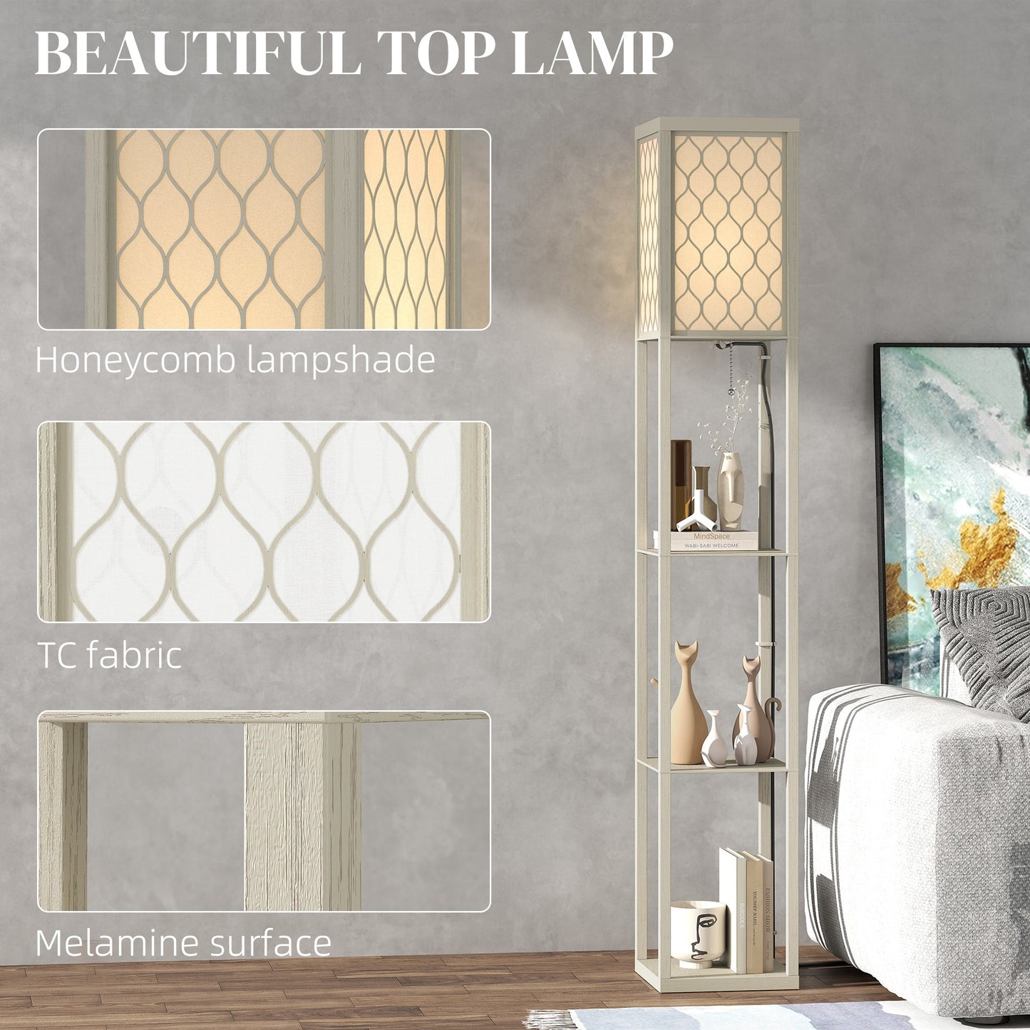 HOMCOM Three-Shelf Standing Lamp - Oak/White
