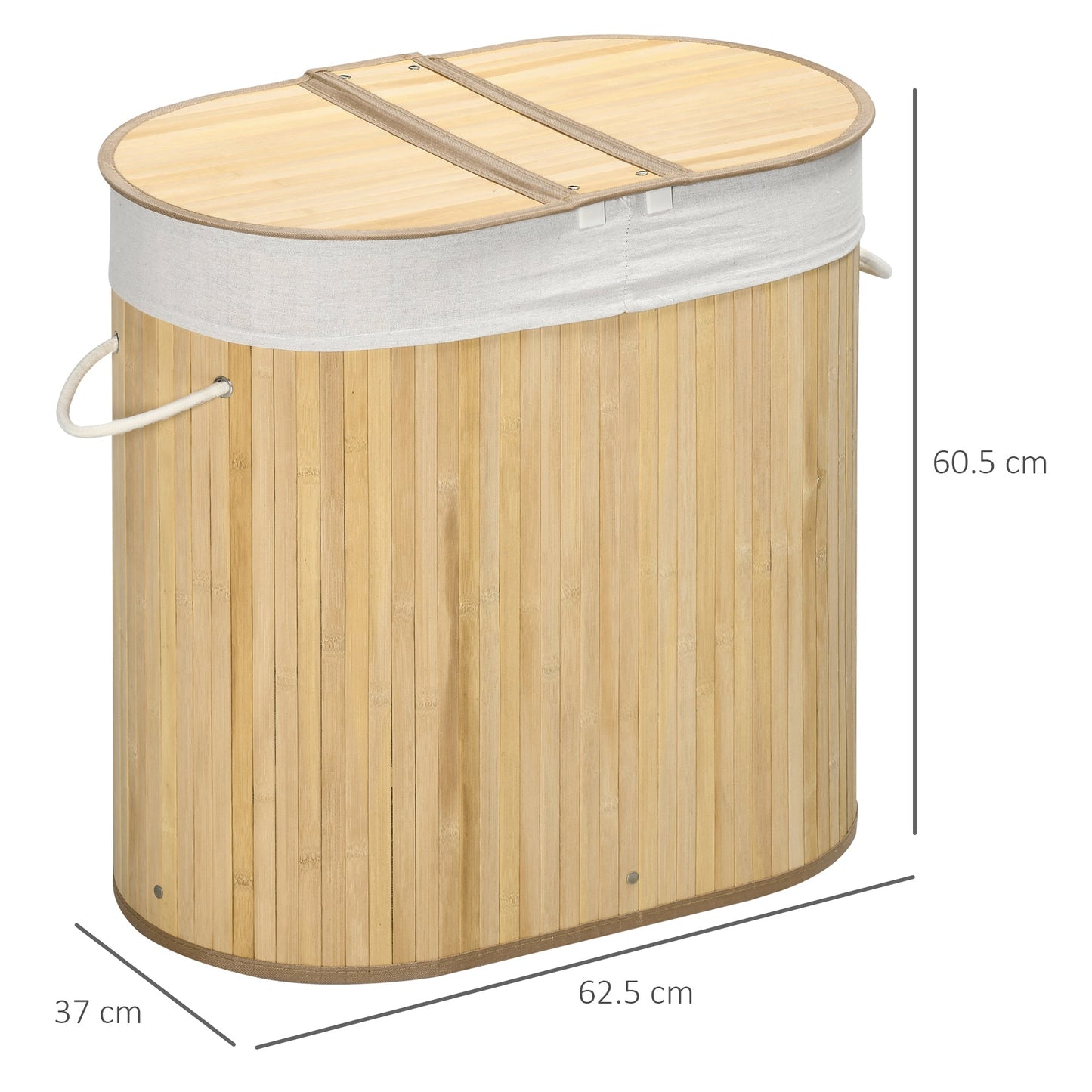 HOMCOM Bamboo Laundry Basket with Lid, 100 Litres Laundry Hamper with 2 Sections, Removable Washable Lining, Washing Baskets, 62.5 x 37 x 60.5cm, Natural