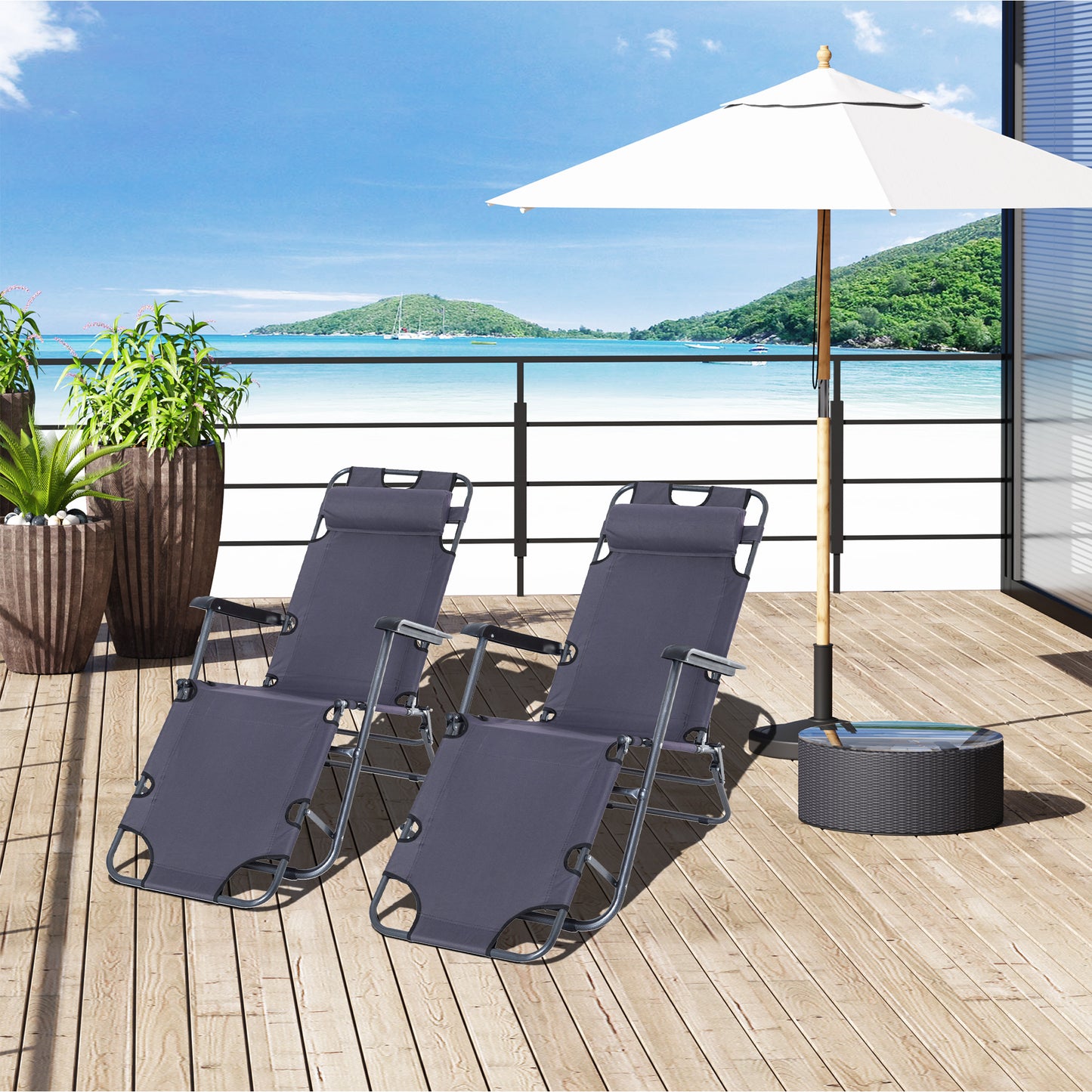 Outsunny 2 in 1 Folding Sun Lounger Reclining Garden Chair Set of 2 with 2-Level Adjustable Backrest, Outdoor Zero Gravity Recliner Garden Chairs with Head Pillow and Armrests, Grey