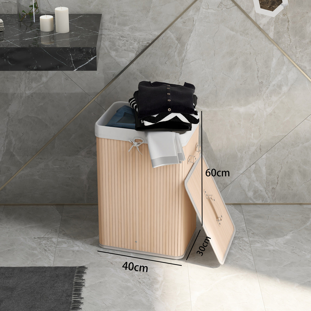 HOMCOM 70L Collapsible Bamboo Laundry Hamper Organizer Clothes Washing Basket Bin Storage Box w/ Lid Removable Lining