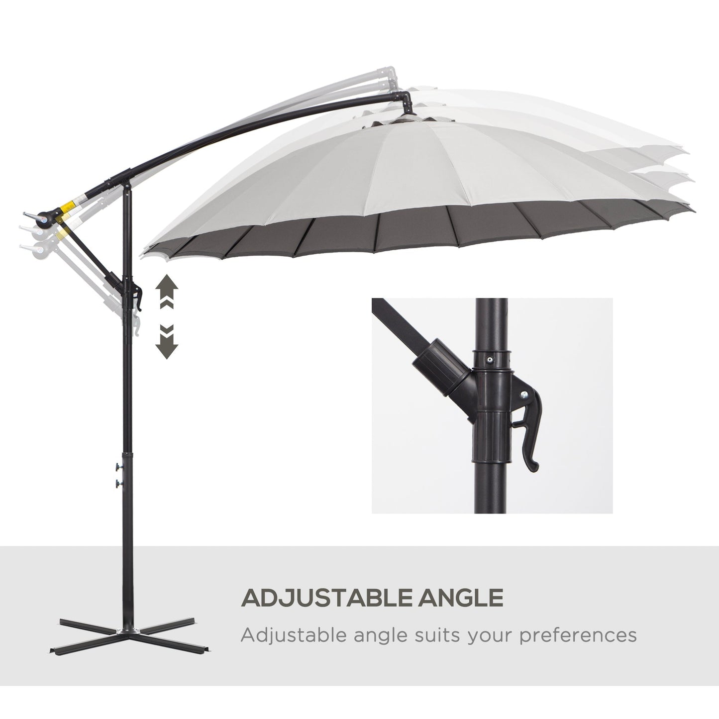 Outsunny 3(m) Cantilever Umbrella 18 Ribs & Vents Adjustable Angle for Patio Light Grey