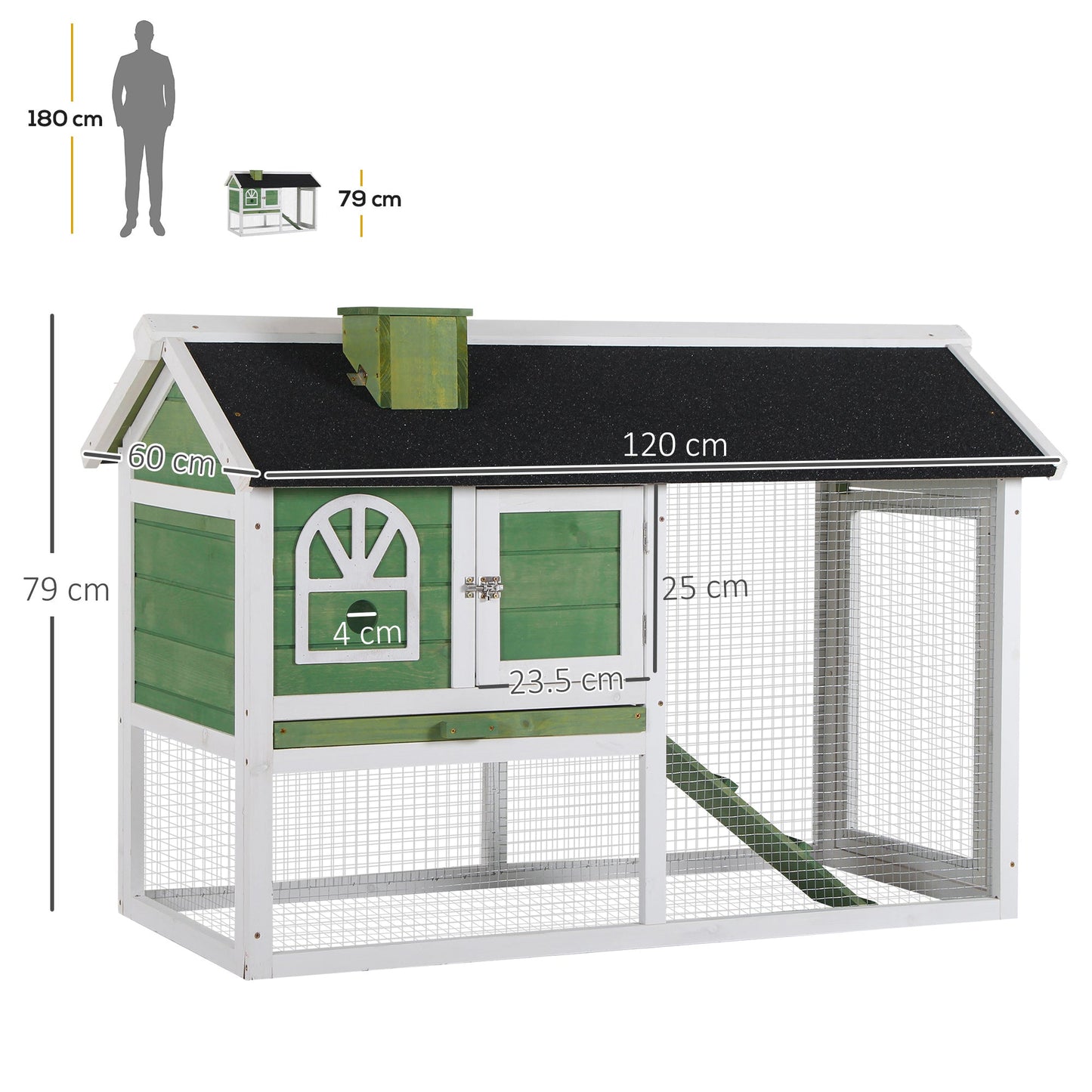 PawHut Wooden Rabbit Hutch and Run with Sliding Tray, Ramp, Water-resistant Roof, for 2-4 Rabbits, Green