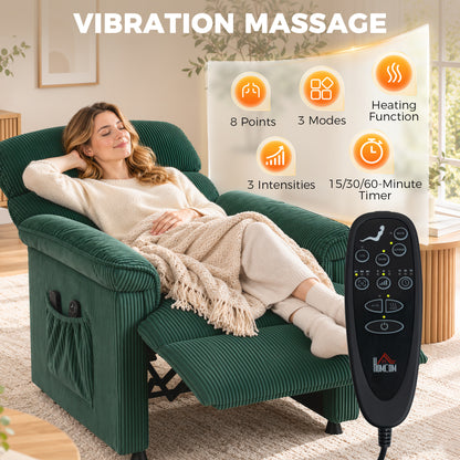 HOMCOM Corduroy Electric Recliner Armchair with Massage and Heat - Green
