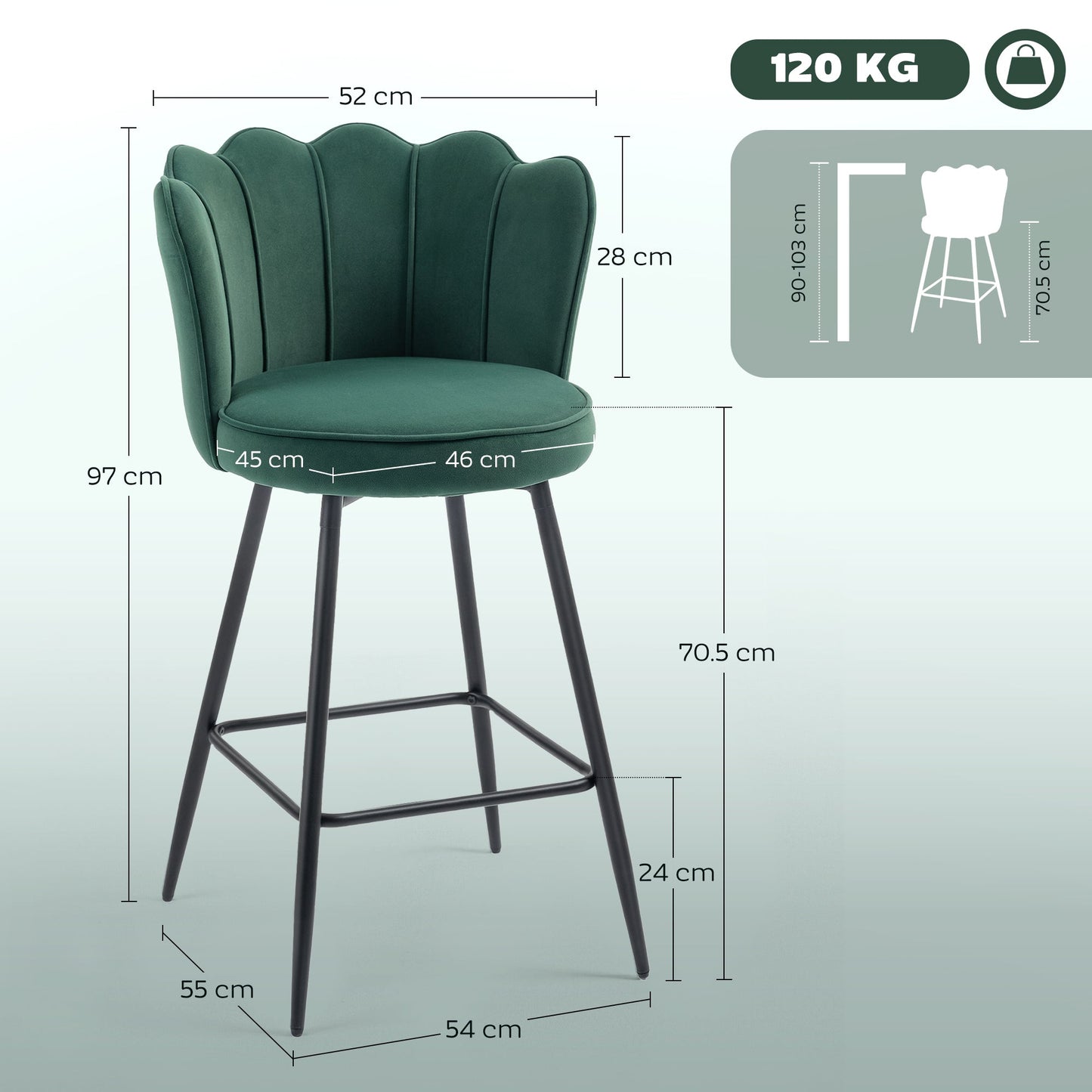 HOMCOM Set of Two Velvet-Feel Lotus Bar Stools - Dark Green