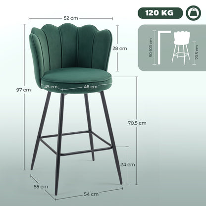 HOMCOM Set of Two Velvet-Feel Lotus Bar Stools - Dark Green