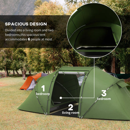 Outsunny 4-6 Man Camping Tent with Living Area and 2 Bedrooms, Hiking Sun Shelter, UV Protection Tunnel Tent, Dark Green