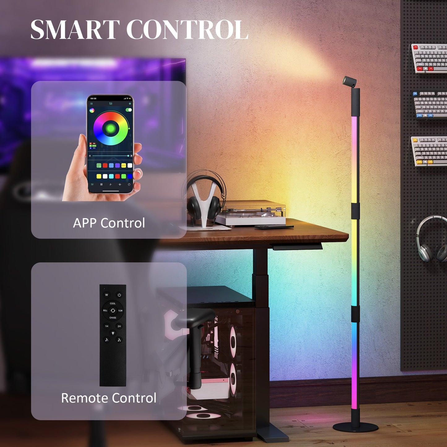 HOMCOM LED Floor Lamp with Reading Light, 360 RGB Detachable Corner Floor Lamp with App & Remote Control, Standing Lamp with Music Sync & Timing, for Living Room, Game Room, Dark Grey