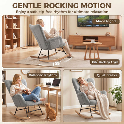 HOMCOM Rocking Chair, Teddy Fleece Rocker Chair with Tufted Wingback, Side Pockets, Rubber Wood Legs, Light Grey