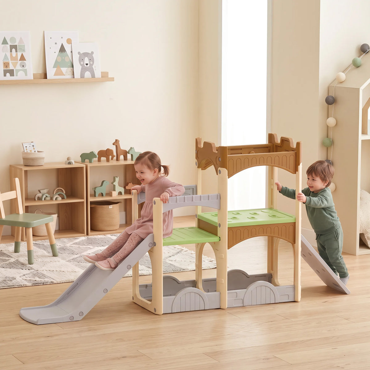 AIYAPLAY 5 in 1 Kids Indoor Playset Toddler Slide with Climbing Wall Storage Space Dual Platforms Indoor Playground for 3-6 Years