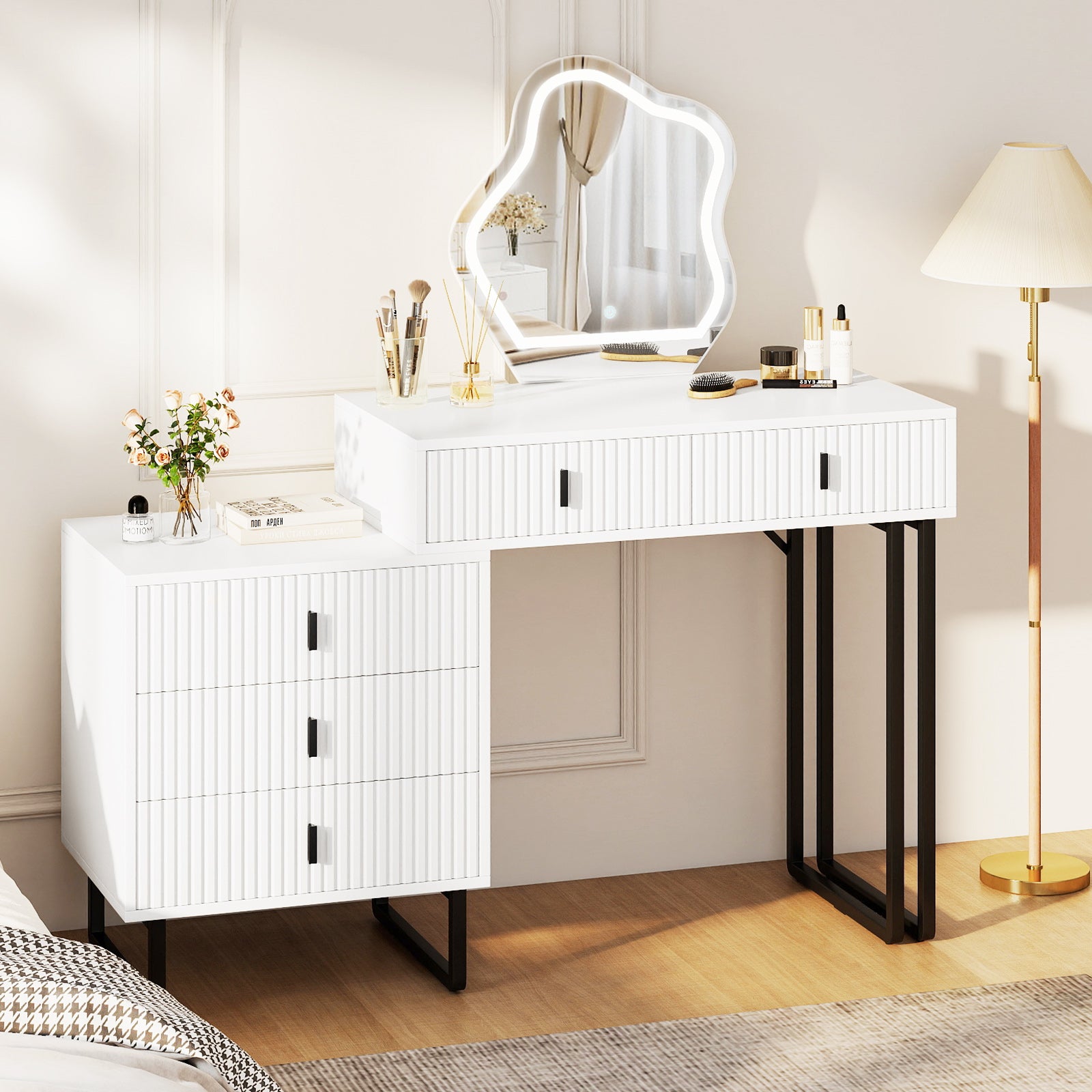 Vanity Desk with Mirror and Lights 3 Lighting Modes Adjustable Brightness-White