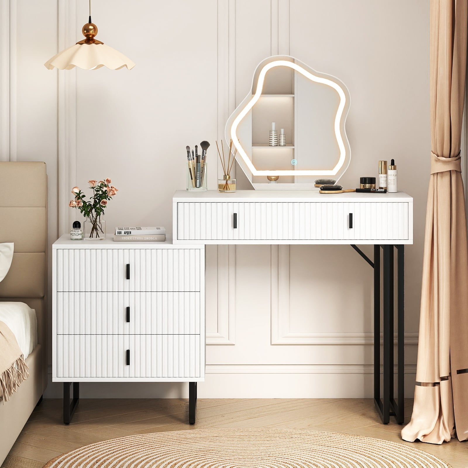 Vanity Desk with Mirror and Lights 3 Lighting Modes Adjustable Brightness-White