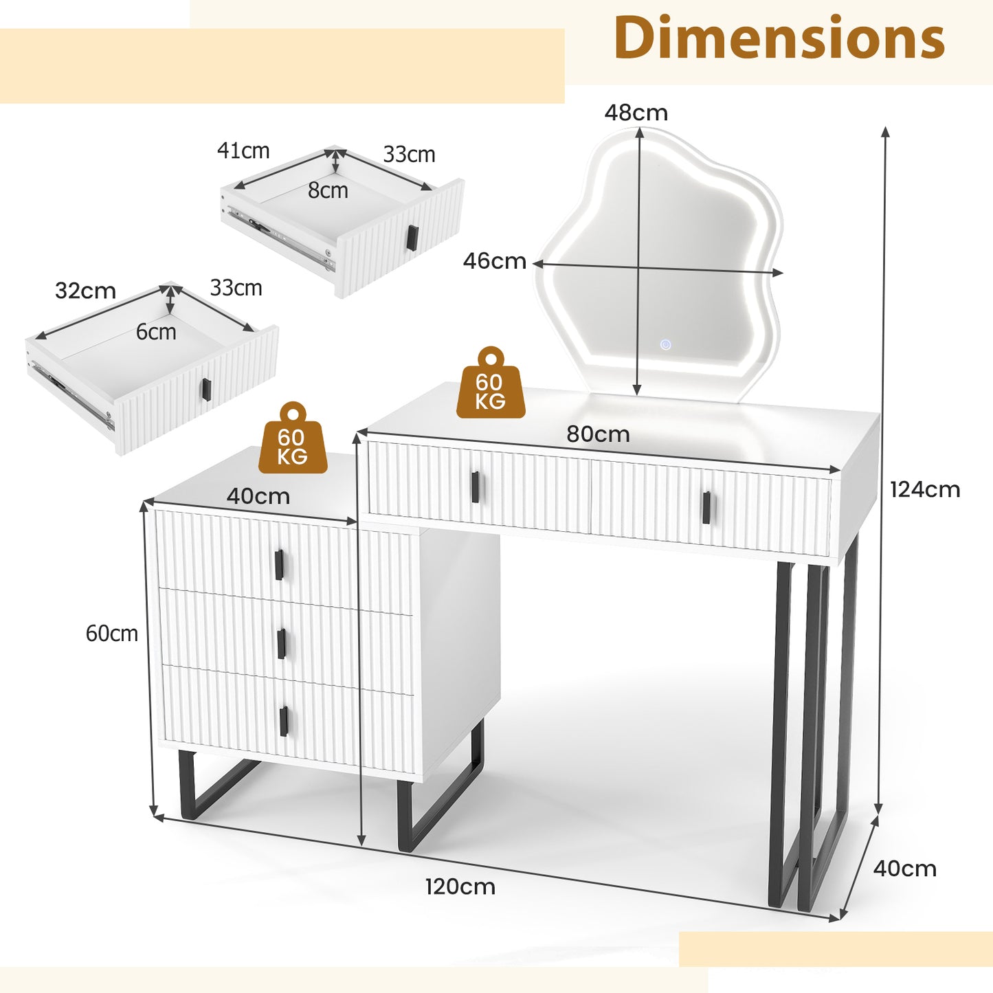 Vanity Desk with Mirror and Lights 3 Lighting Modes Adjustable Brightness-White