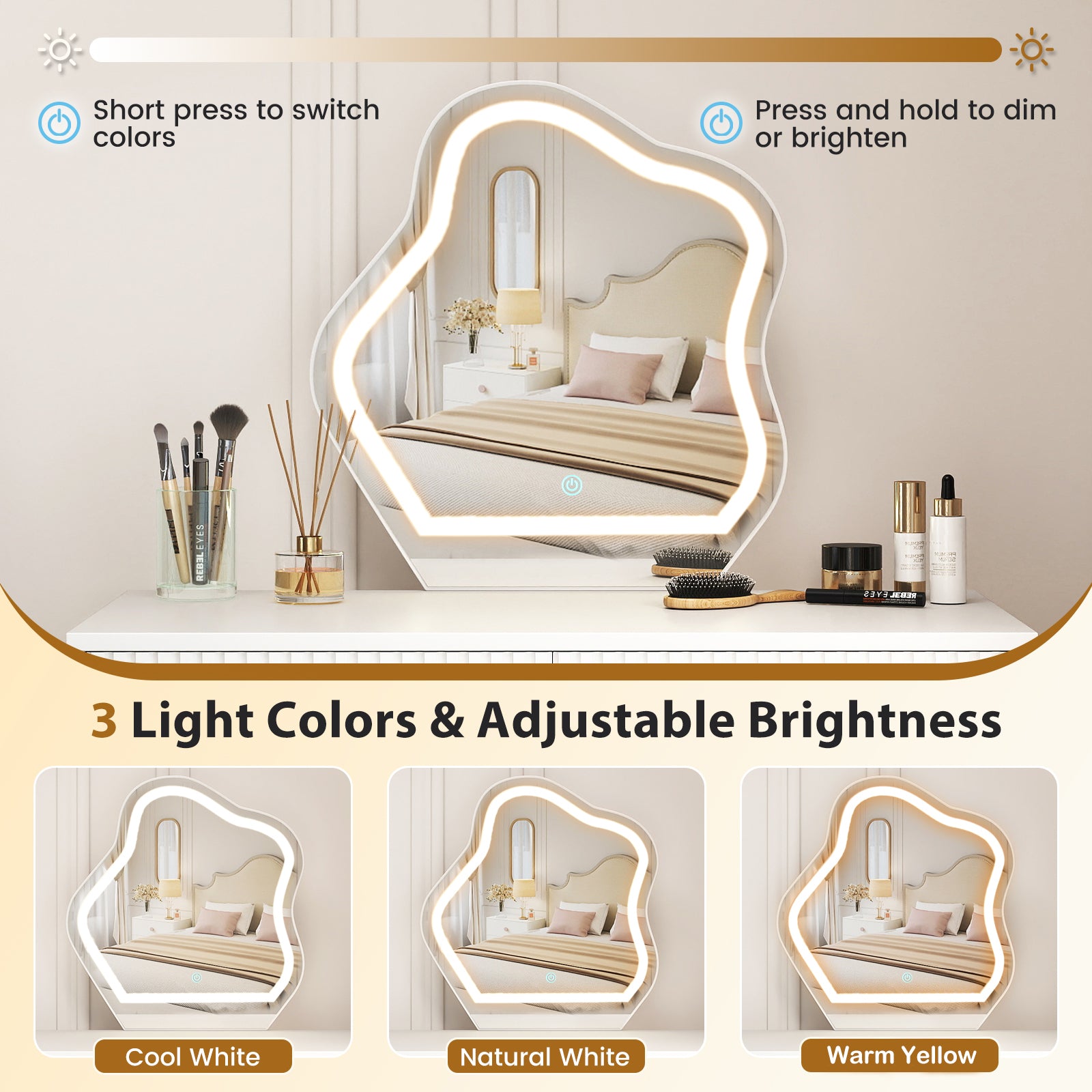 Vanity Desk with Mirror and Lights 3 Lighting Modes Adjustable Brightness-White