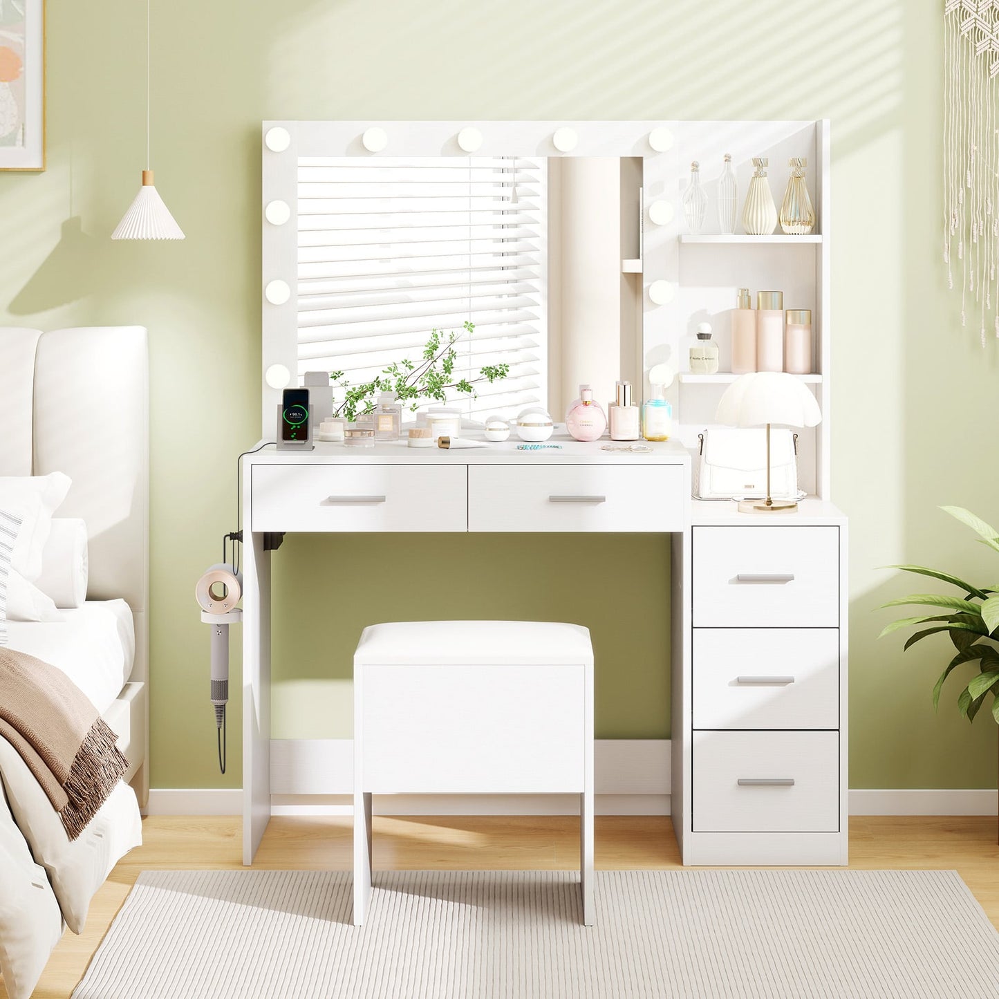 Vanity Desk with Mirror and Lights 5 Drawers Makeup Table Set with Storage Stool-White