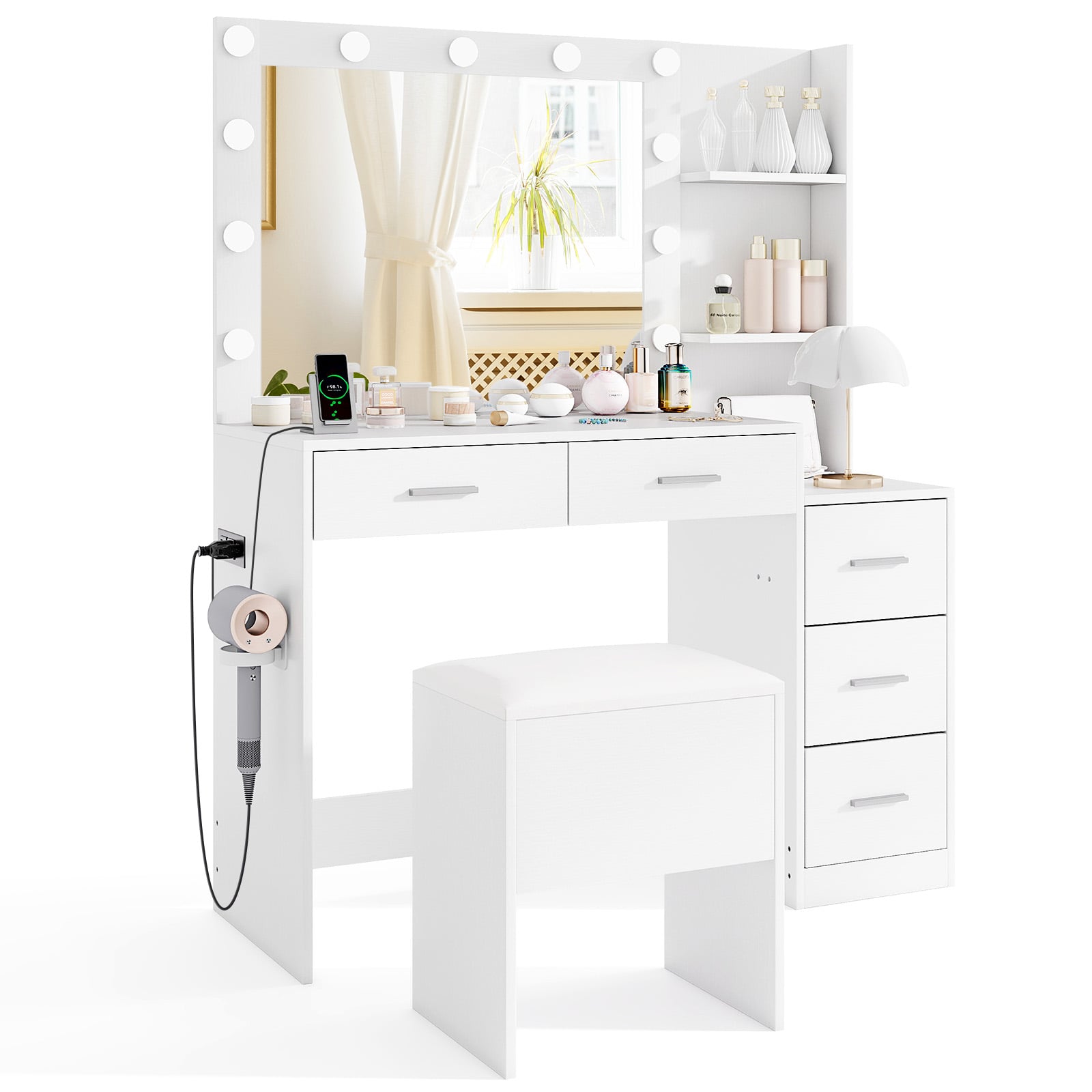 Vanity Desk with Mirror and Lights 5 Drawers Makeup Table Set with Storage Stool-White