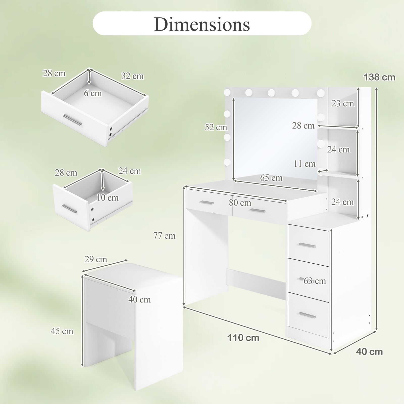Vanity Desk with Mirror and Lights 5 Drawers Makeup Table Set with Storage Stool-White