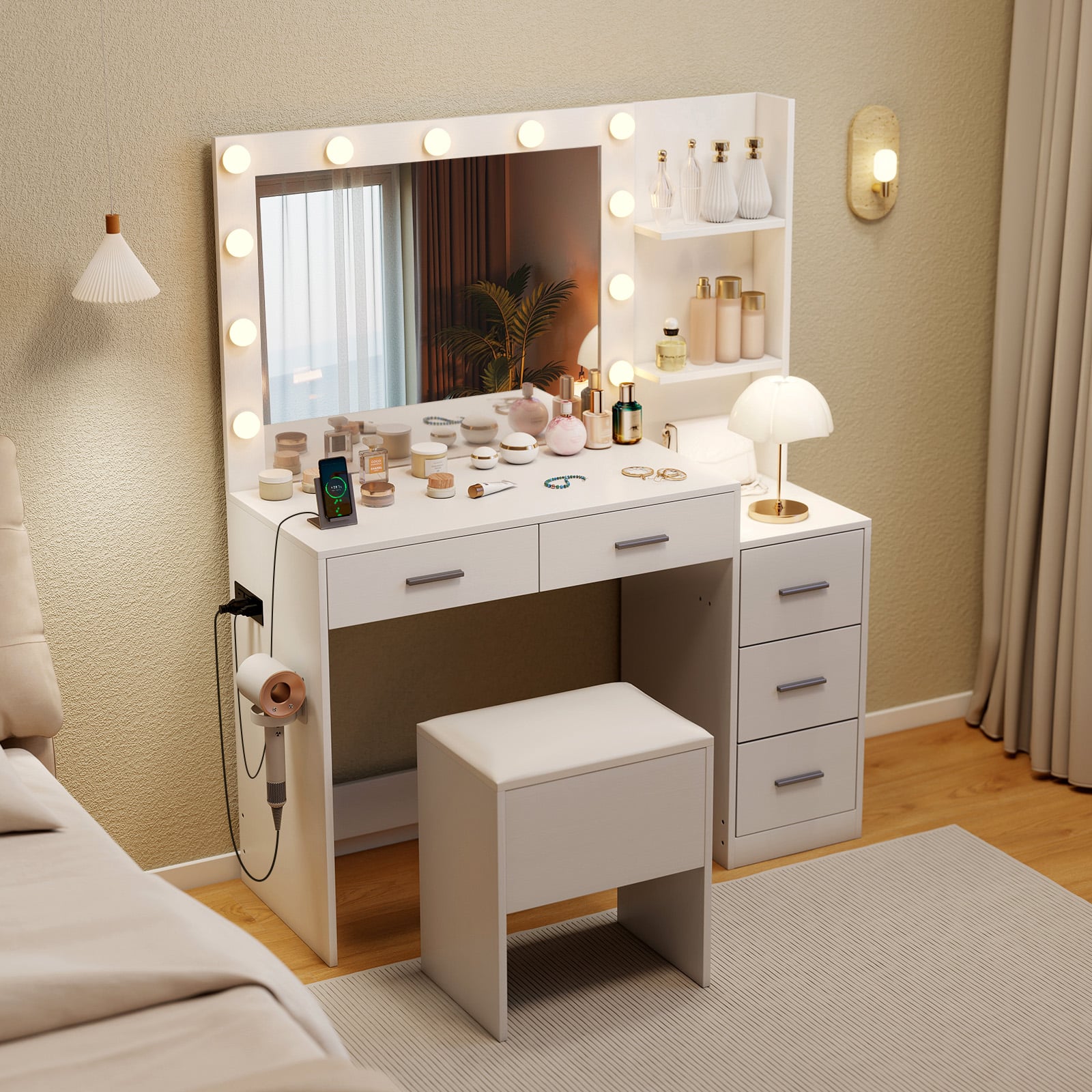 Vanity Desk with Mirror and Lights 5 Drawers Makeup Table Set with Storage Stool-White