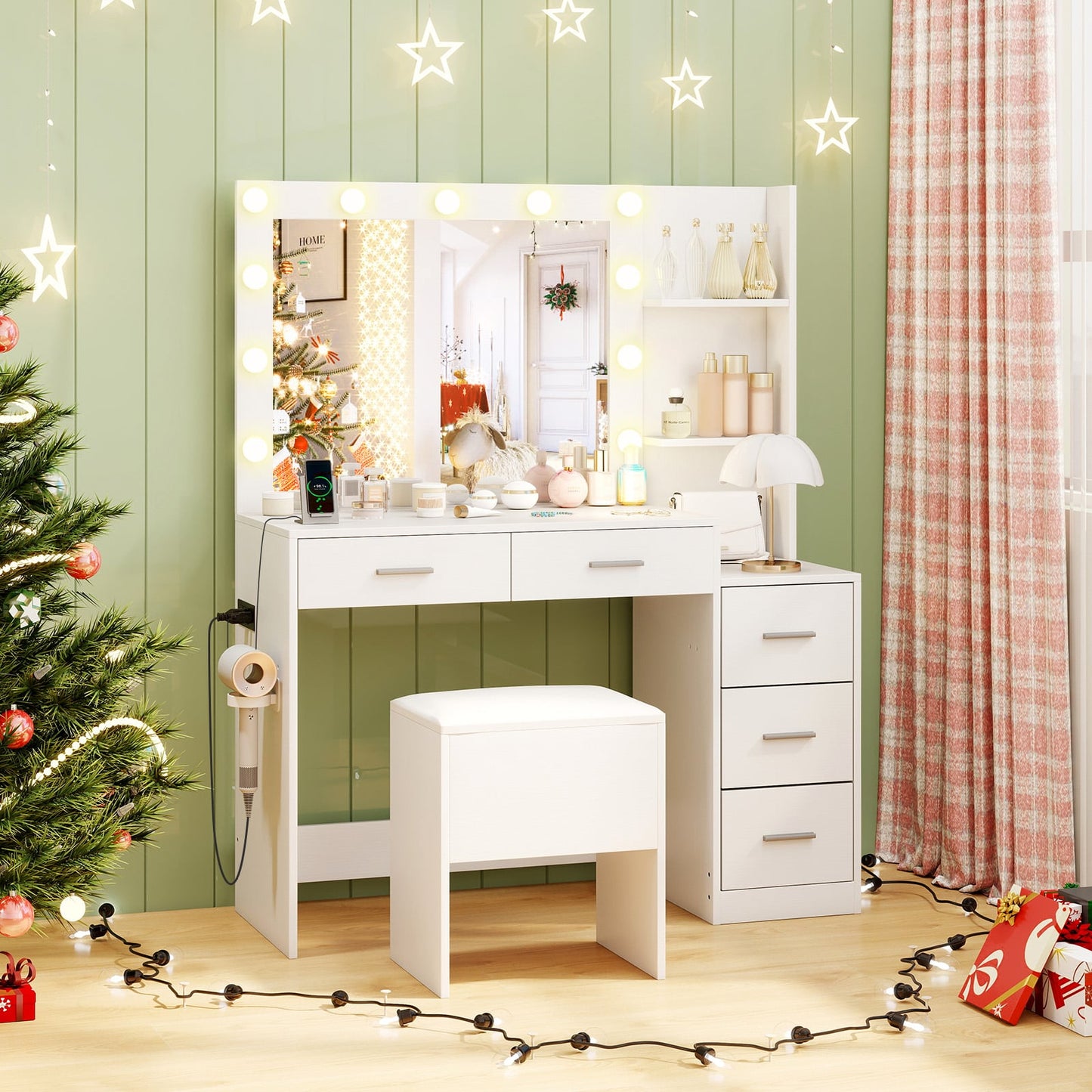 Vanity Desk with Mirror and Lights 5 Drawers Makeup Table Set with Storage Stool-White