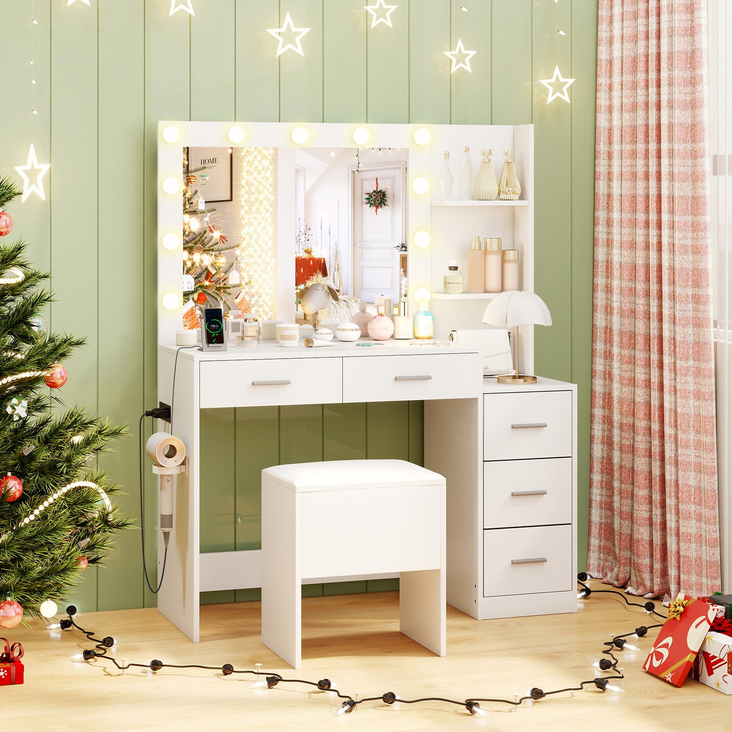 Vanity Desk with Mirror and Lights 5 Drawers Makeup Table Set with Storage Stool-White