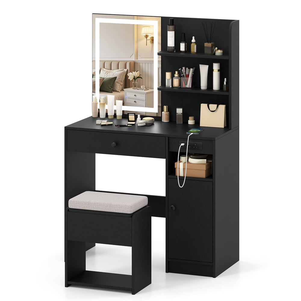 Vanity Desk with Mirror and Lights Dressing Table with Charging Station-Black