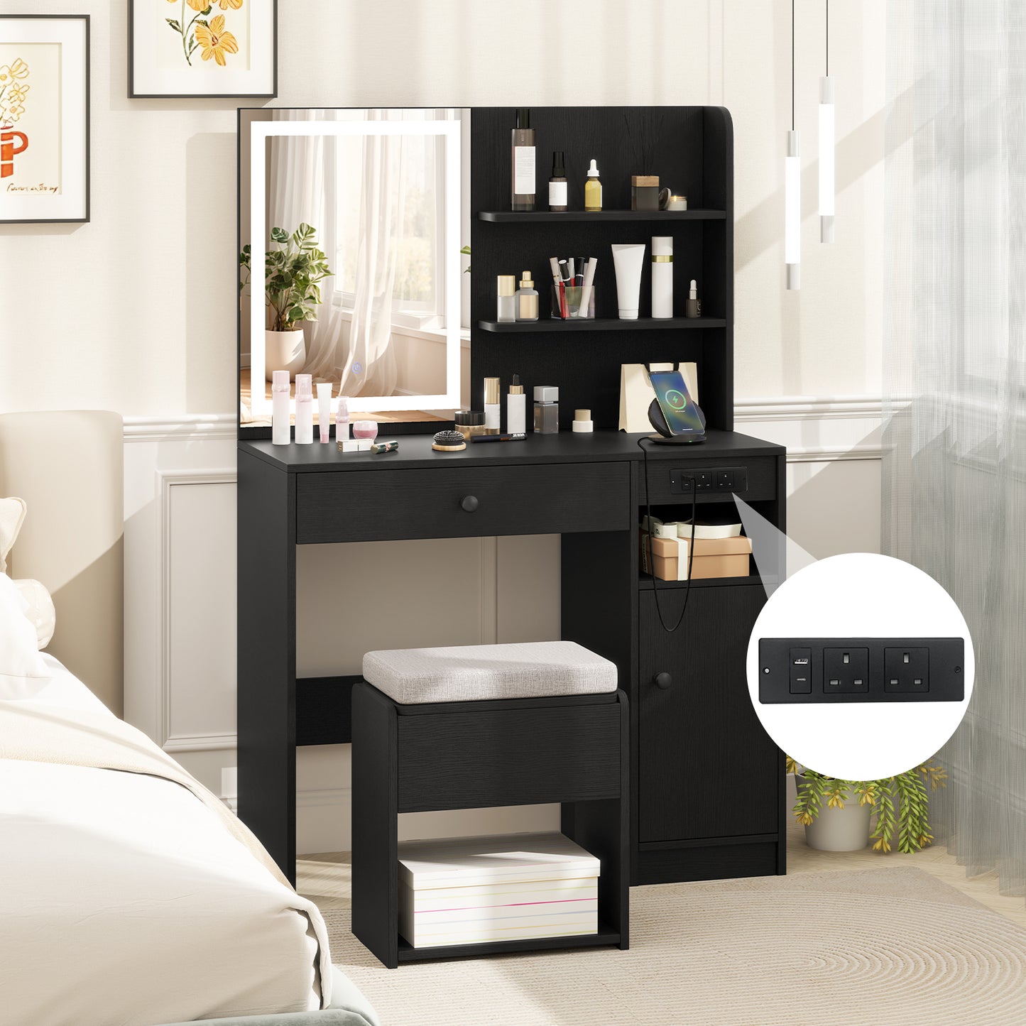 Vanity Desk with Mirror and Lights Dressing Table with Charging Station-Black