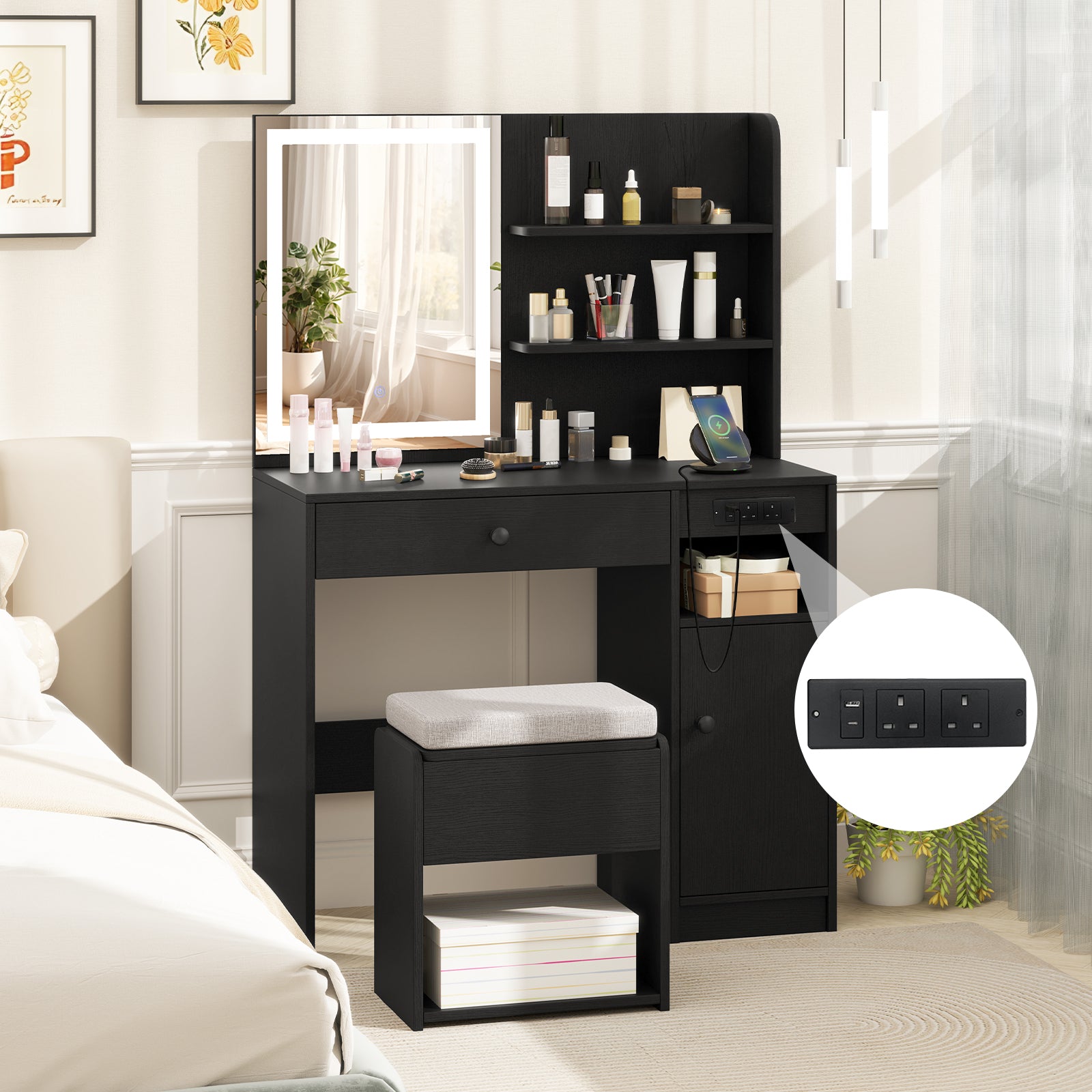 Vanity Desk with Mirror and Lights Dressing Table with Charging Station-Black