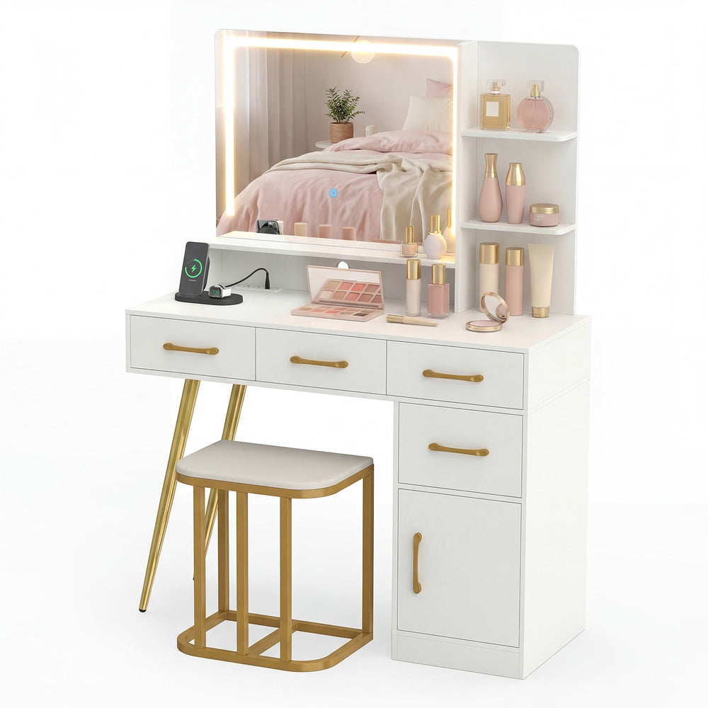 Vanity Desk with Mirror and Lights Makeup Table Set with LED Mirror-White