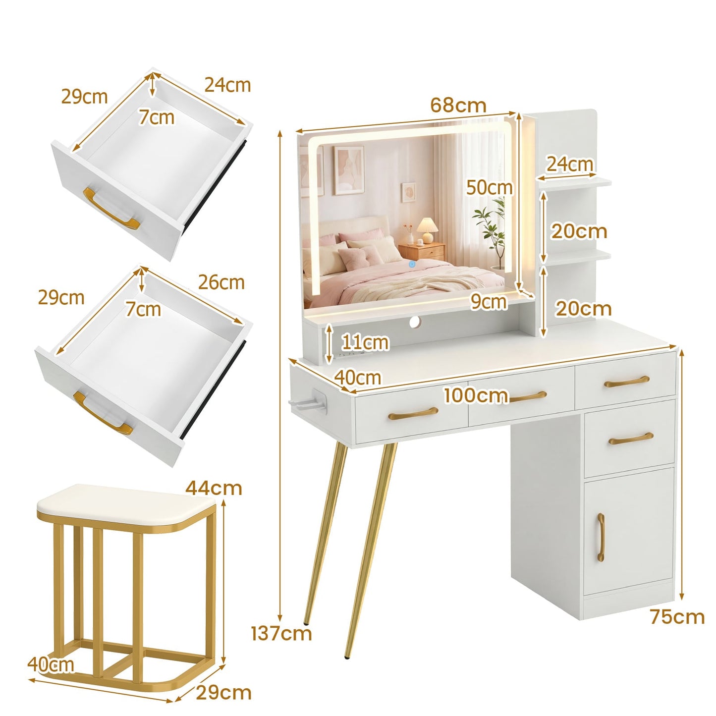 Vanity Desk with Mirror and Lights Makeup Table Set with LED Mirror-White