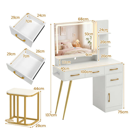 Vanity Desk with Mirror and Lights Makeup Table Set with LED Mirror-White