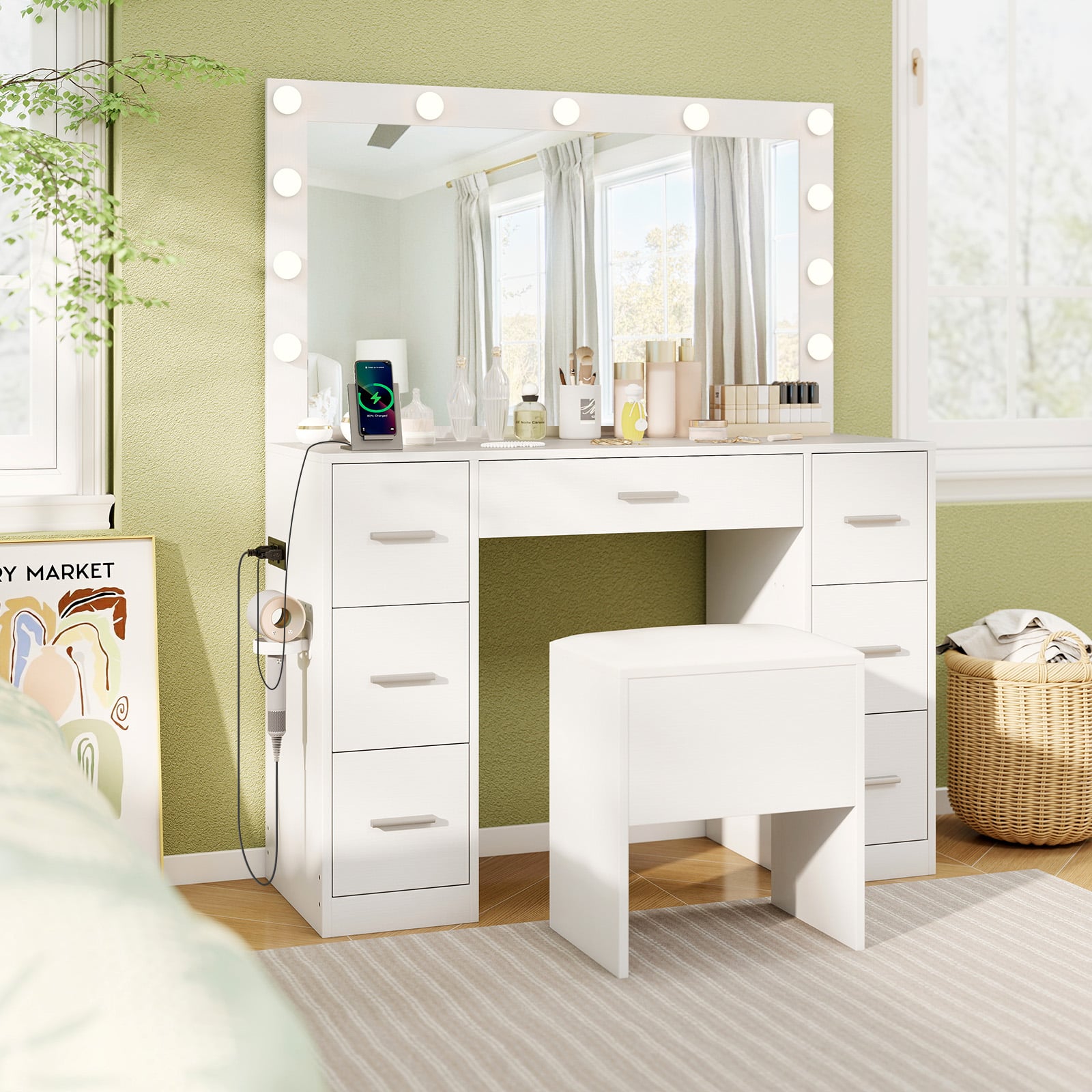 Vanity Desk with Mirror and Lights Makeup Table Set with Storage Stool-White