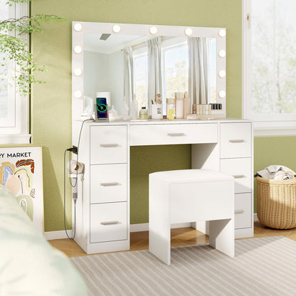 Vanity Desk with Mirror and Lights Makeup Table Set with Storage Stool-White