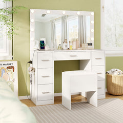 Vanity Desk with Mirror and Lights Makeup Table Set with Storage Stool-White