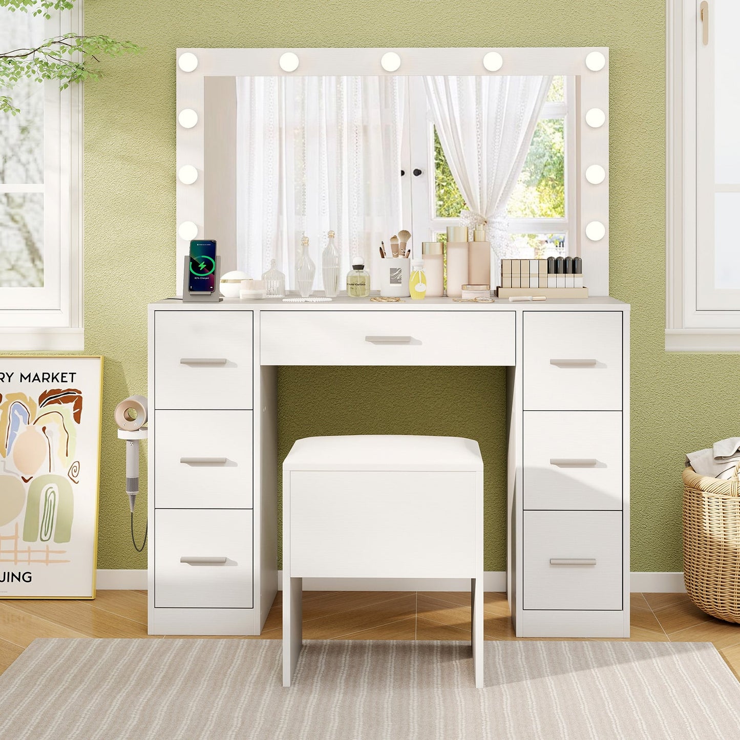 Vanity Desk with Mirror and Lights Makeup Table Set with Storage Stool-White