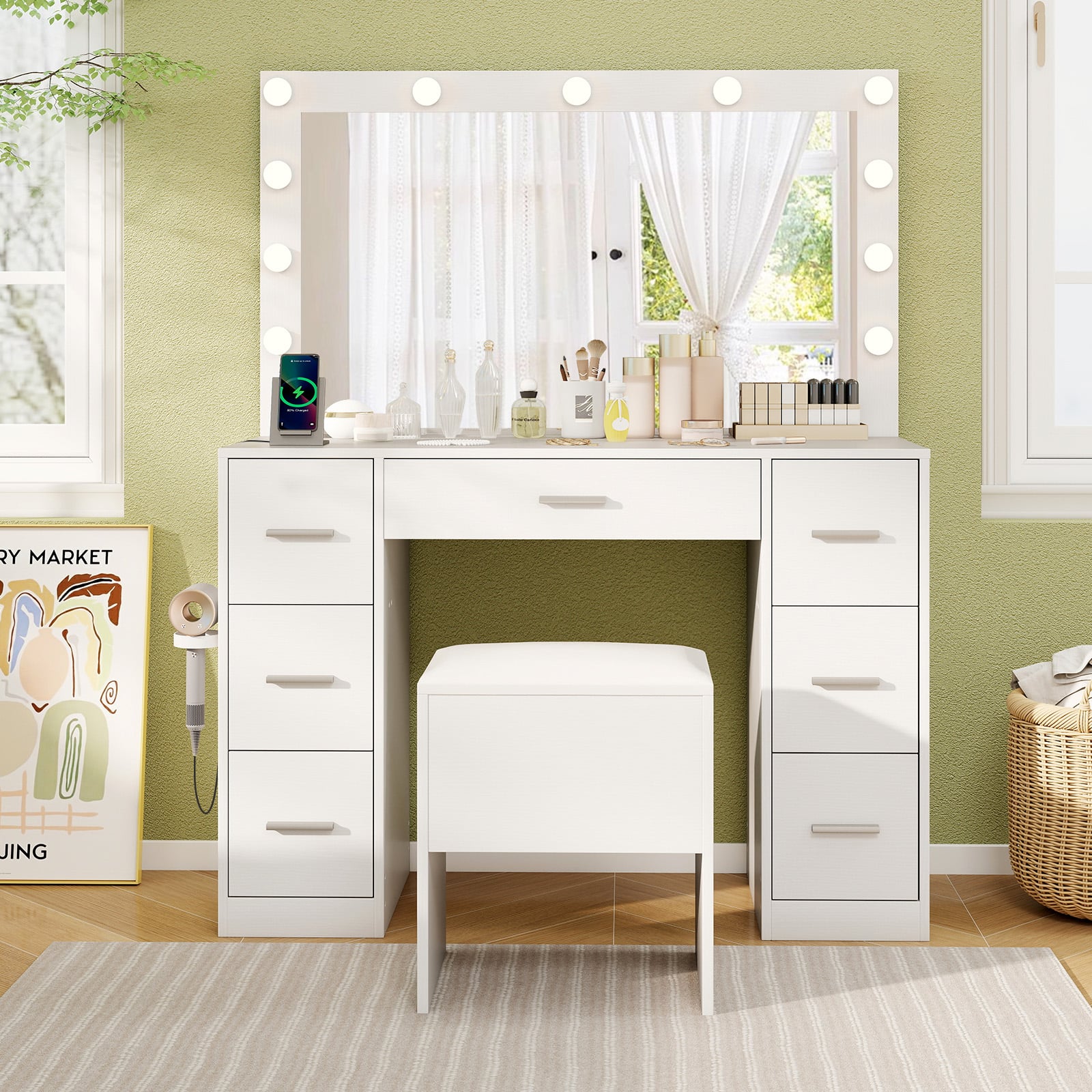 Vanity Desk with Mirror and Lights Makeup Table Set with Storage Stool-White