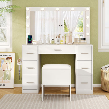 Vanity Desk with Mirror and Lights Makeup Table Set with Storage Stool-White