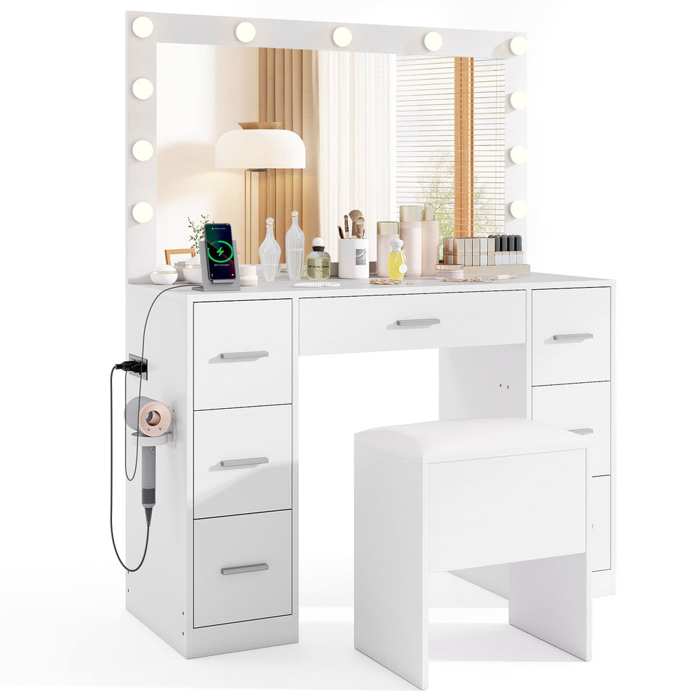 Vanity Desk with Mirror and Lights Makeup Table Set with Storage Stool-White