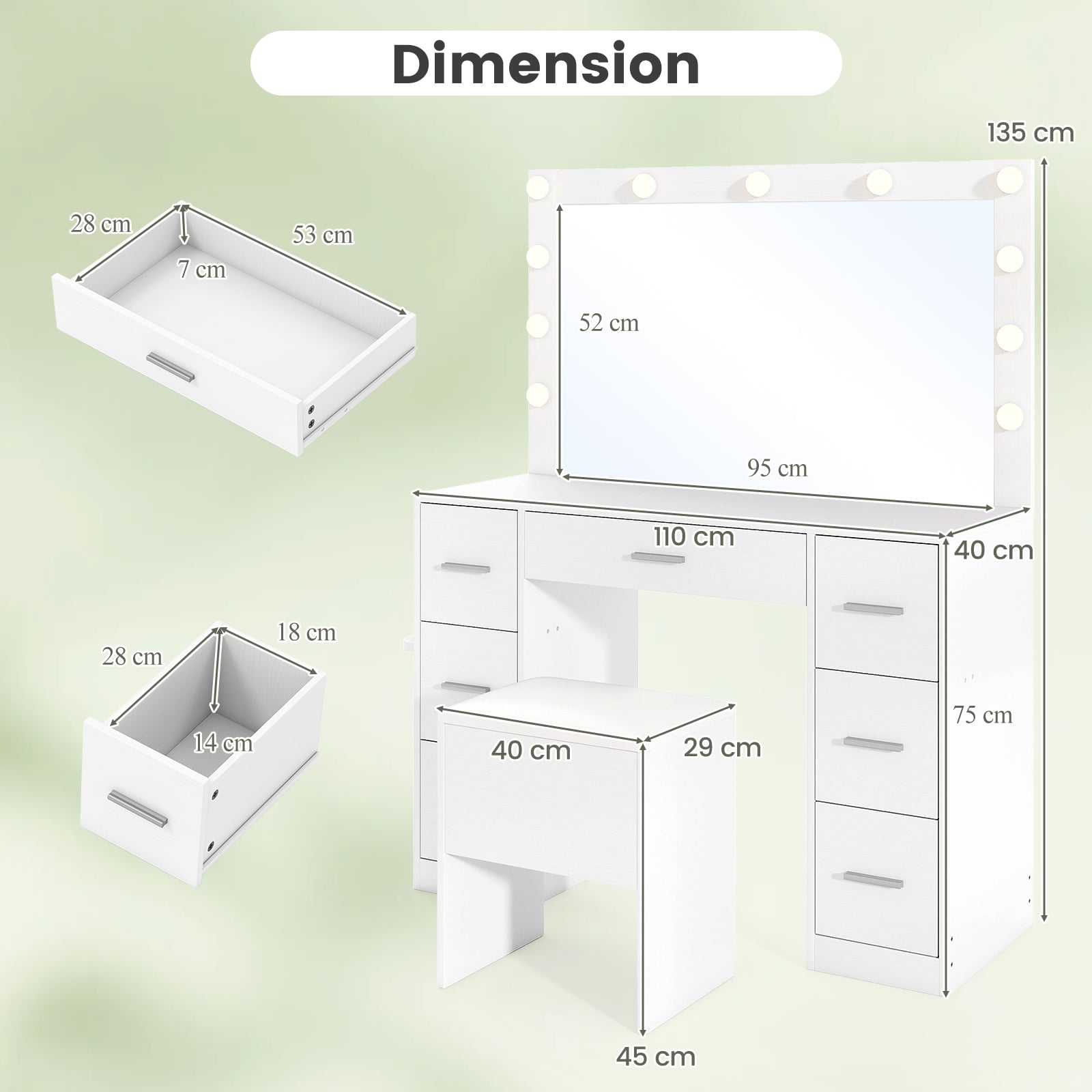 Vanity Desk with Mirror and Lights Makeup Table Set with Storage Stool-White