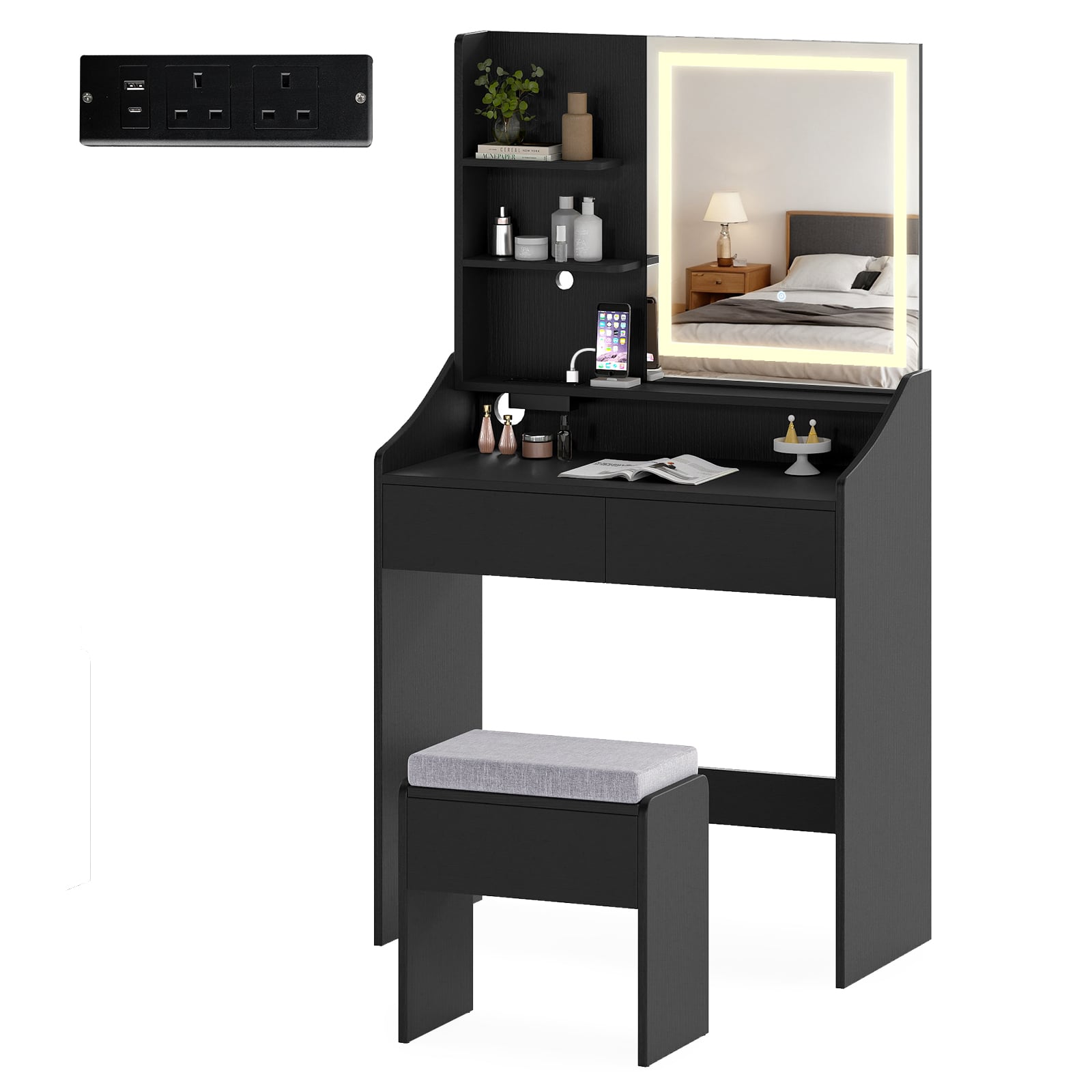 Vanity Desk Set with Built-in Charging Station and Storage Drawers-Black