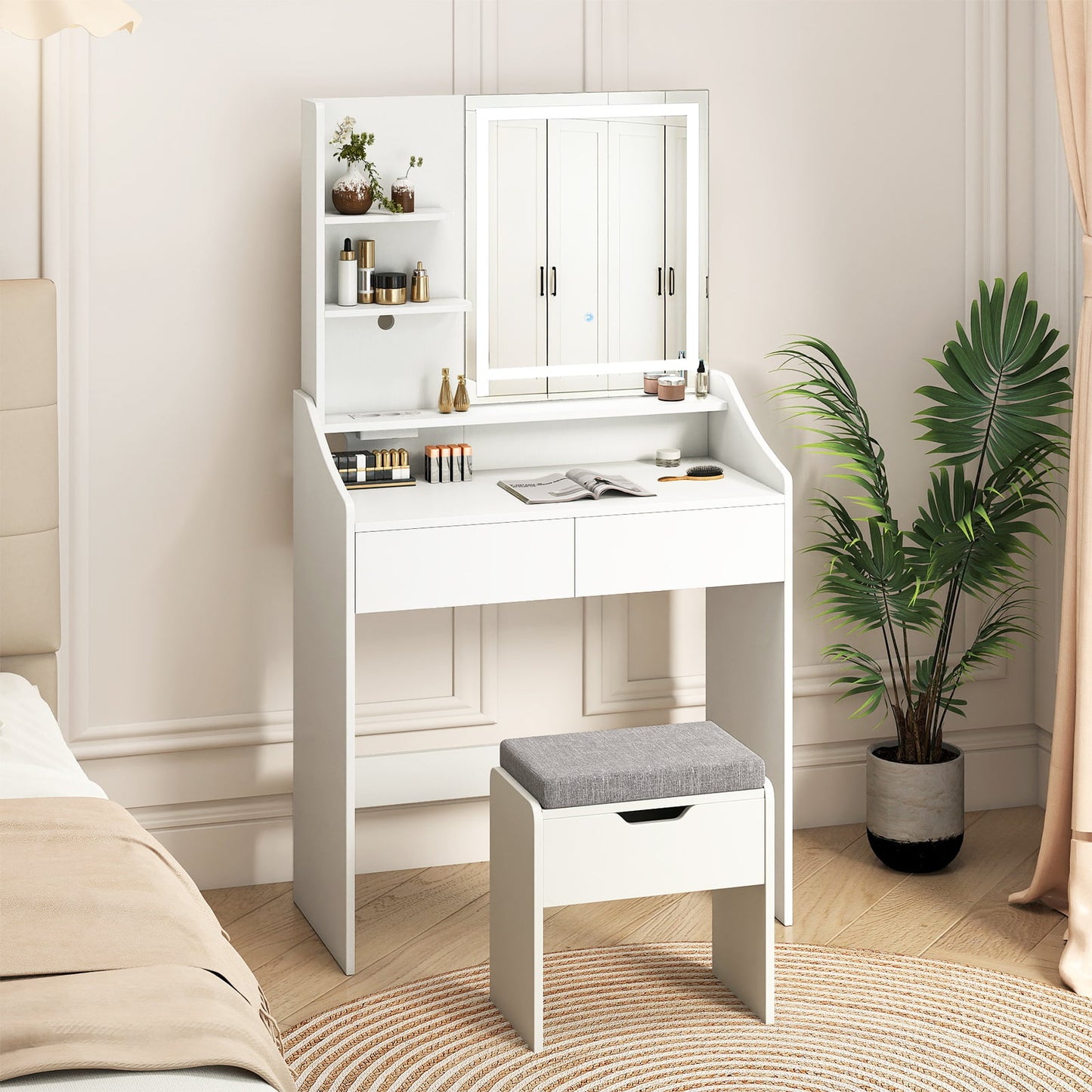 Vanity Desk Set with Built-in Charging Station and Storage Drawers-White