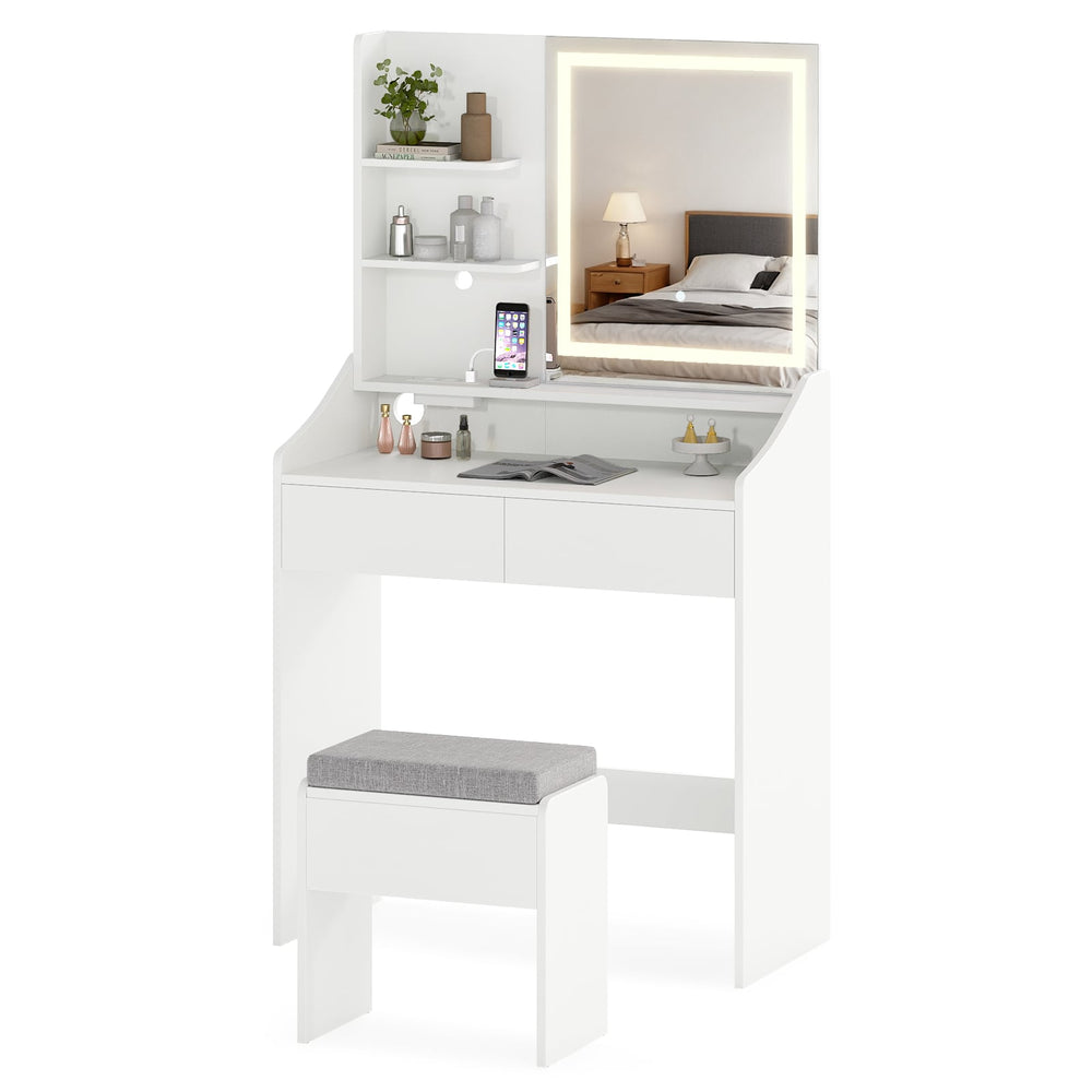 Vanity Desk Set with Built-in Charging Station and Storage Drawers-White