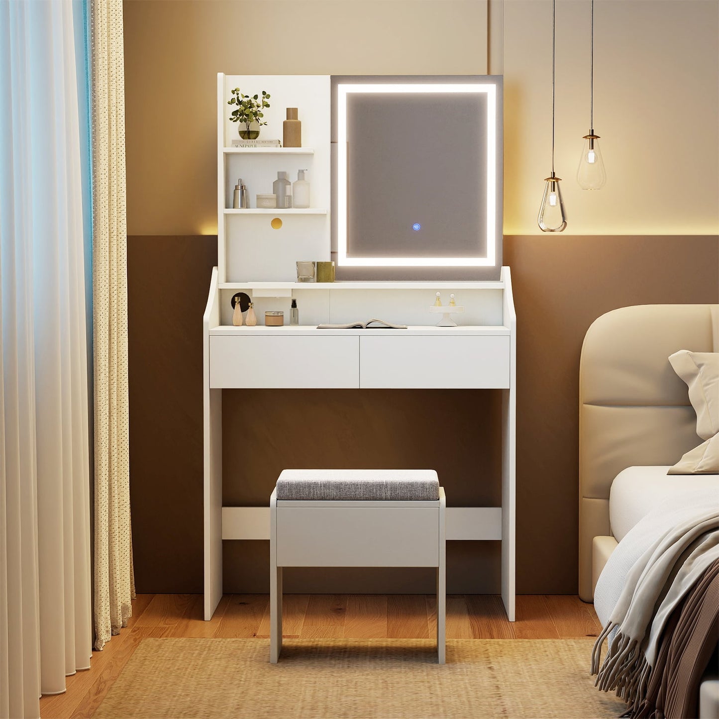 Vanity Desk Set with Built-in Charging Station and Storage Drawers-White