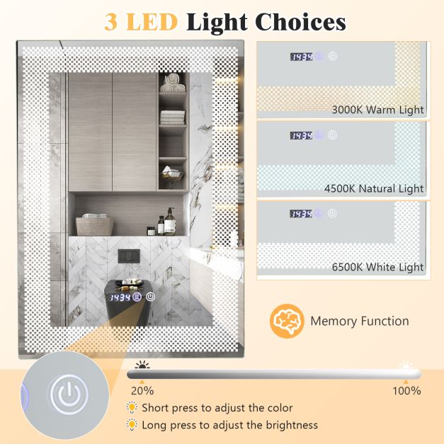 LED Wall Mounted Anti-Fog HD Vanity Mirror with 3 Color Adjustable Lights