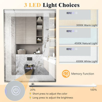 LED Wall Mounted Anti-Fog HD Vanity Mirror with 3 Color Adjustable Lights