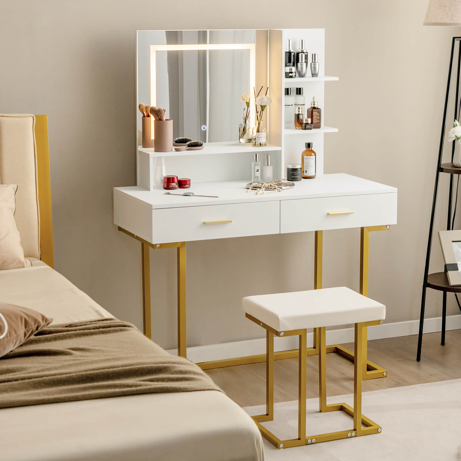 Vanity Set with Large Mirror Makeup Table with Stool and LED Lights-White