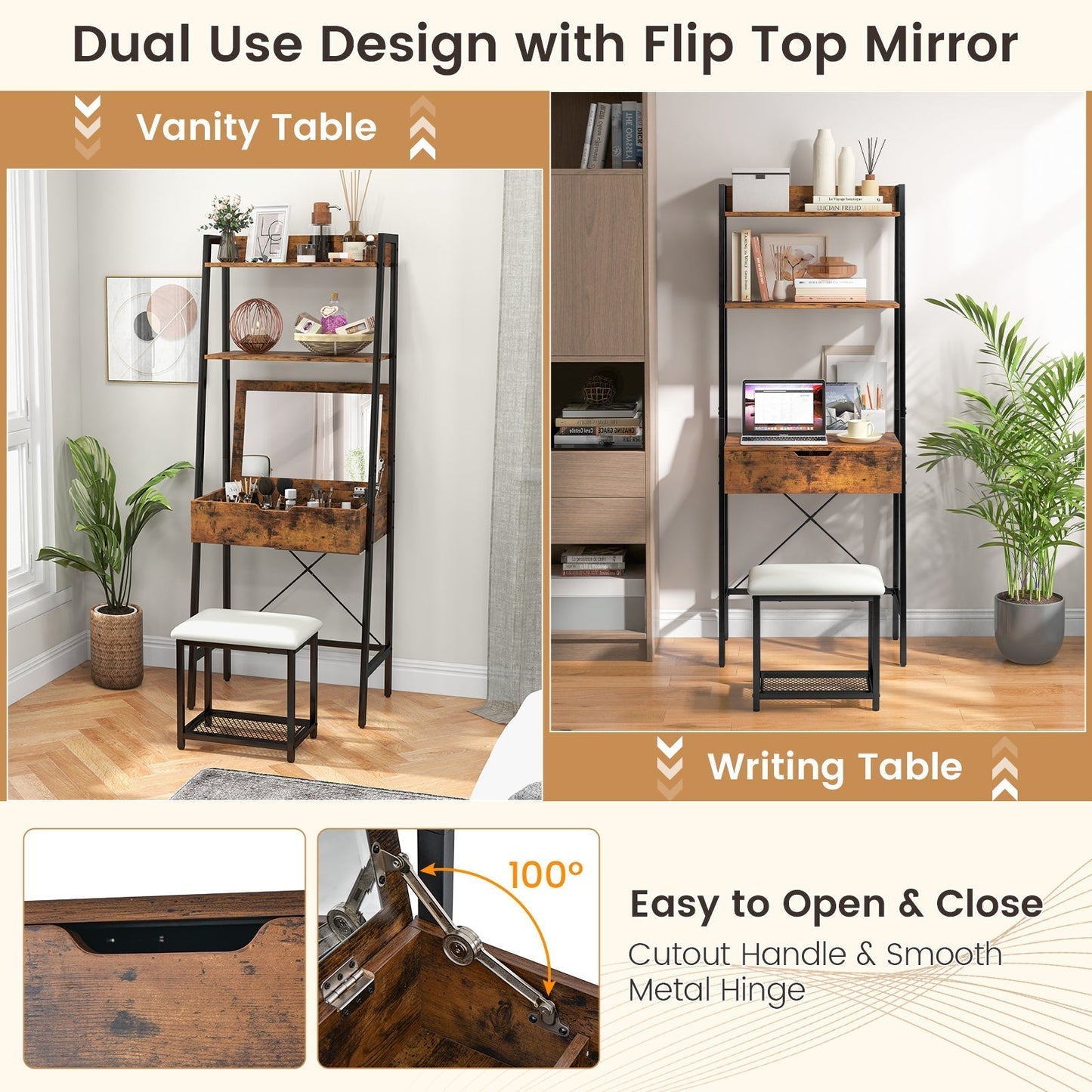 Ladder Vanity Desk Set with Flip Top Mirror and Cushioned Stool-Black