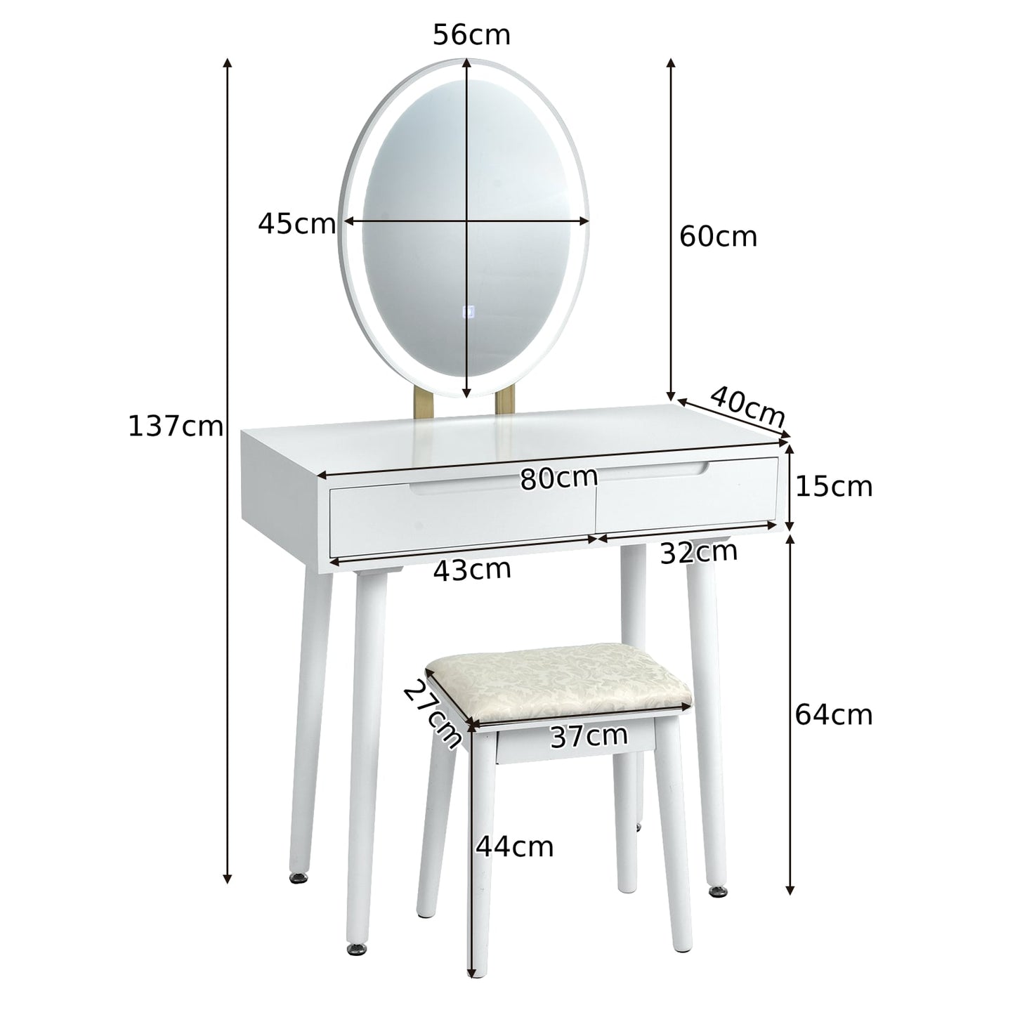 Vanity Table Set with Surrounded LED Tape Lights-White