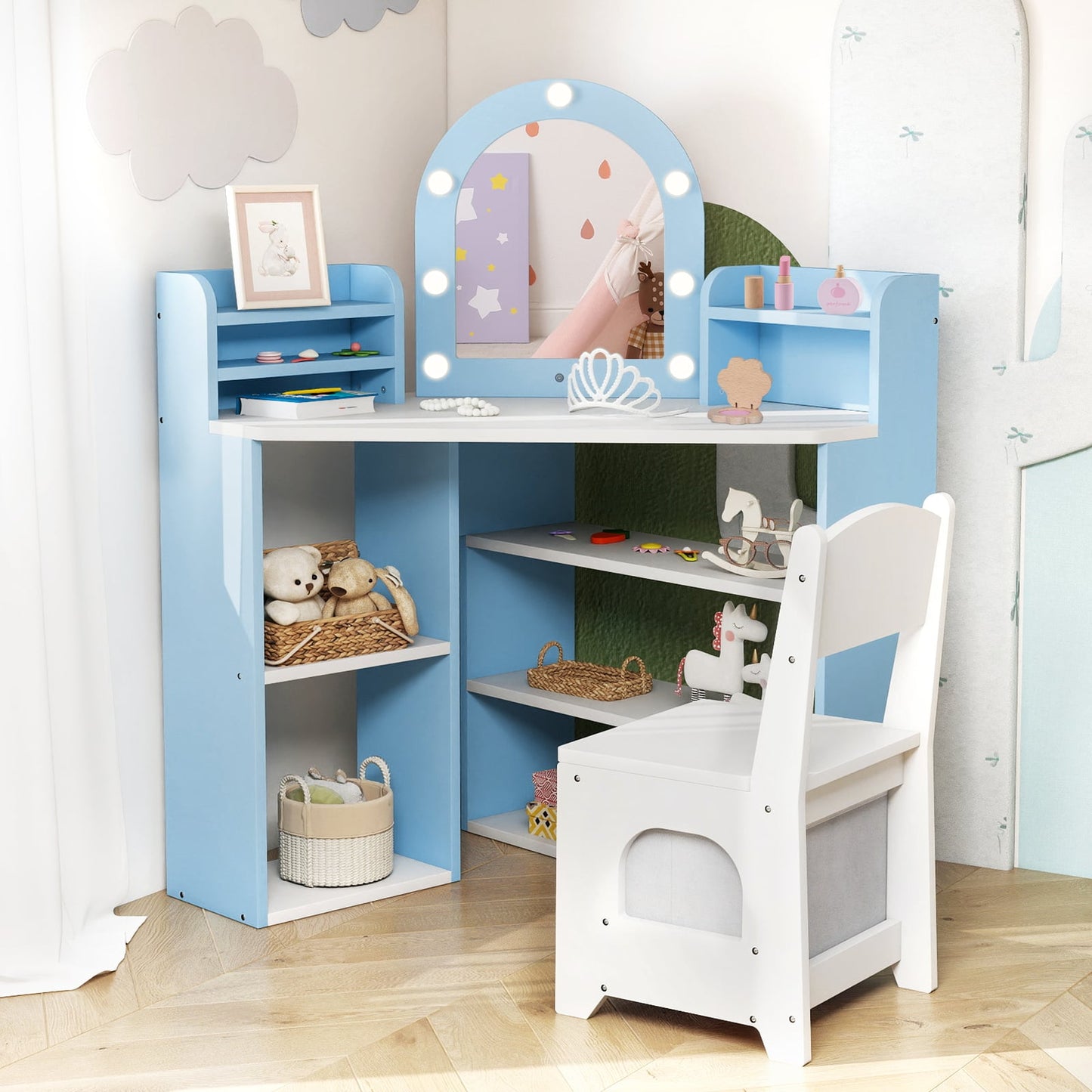 Vanity Table and Chair Set with 3 Storage Shelves and 5 Open Compartments-Blue & White